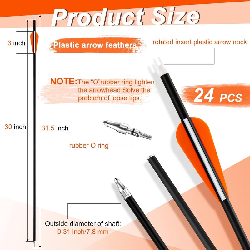 Arrowbash 24 Pcs 31.5 Inch Arrows for Compound Bow Hunting Arrows Carbon Arrows with 3 Inch Plastic Arrow Feathers and Removable Tips 500-600 Spine Archery Target Arrows for Recurve Bow - Image 2